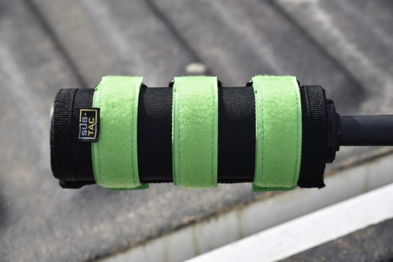 image0 555x370 - SUB-TAC ALPHA SUPPRESSOR COVER 7.5 INCH BLACK with LIME GREEN straps/paracord